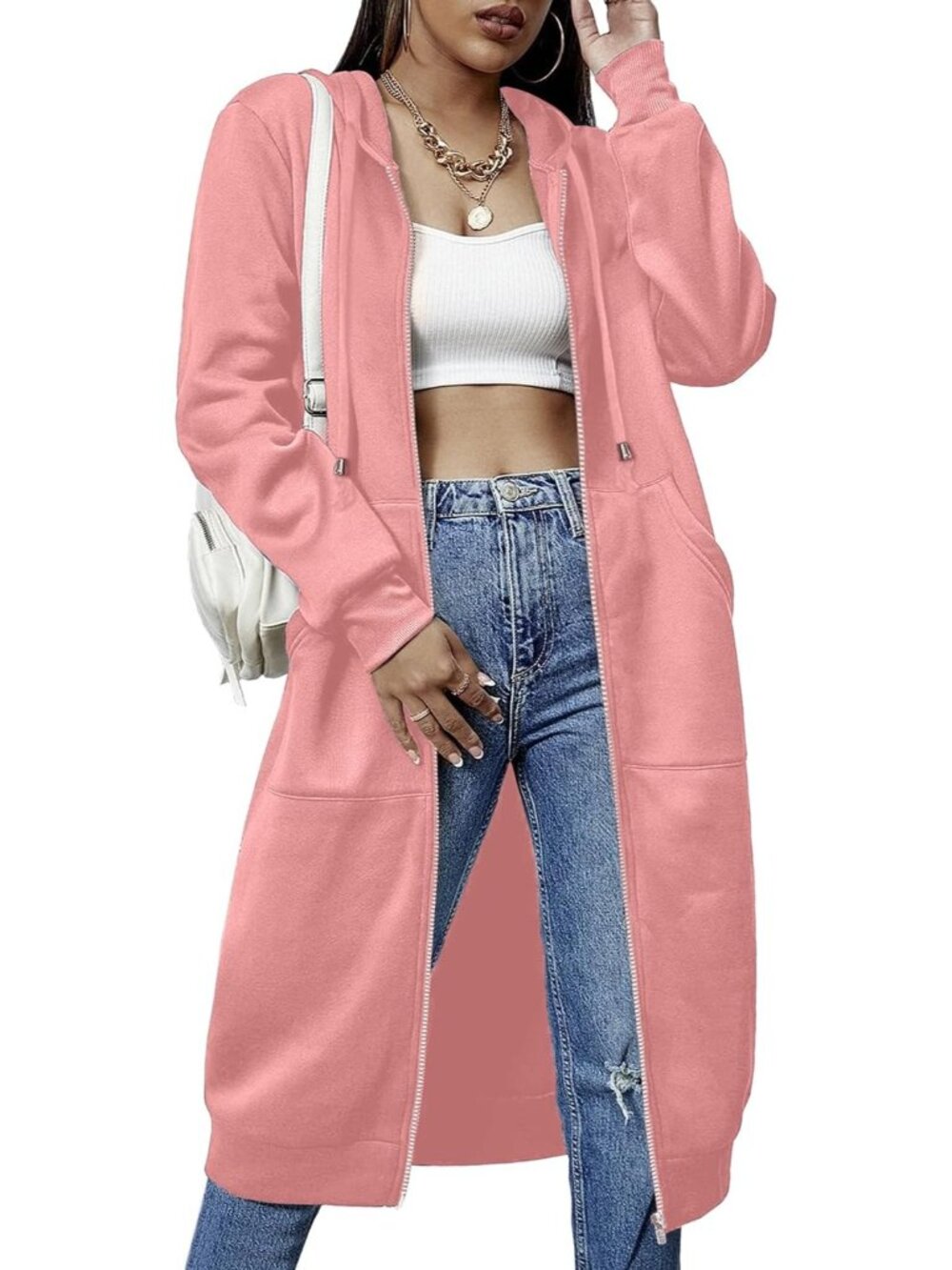 〽️Women's Pink Casual Zip Up Fleece Tunic Oversized Pocket Long Hoodie Jacket